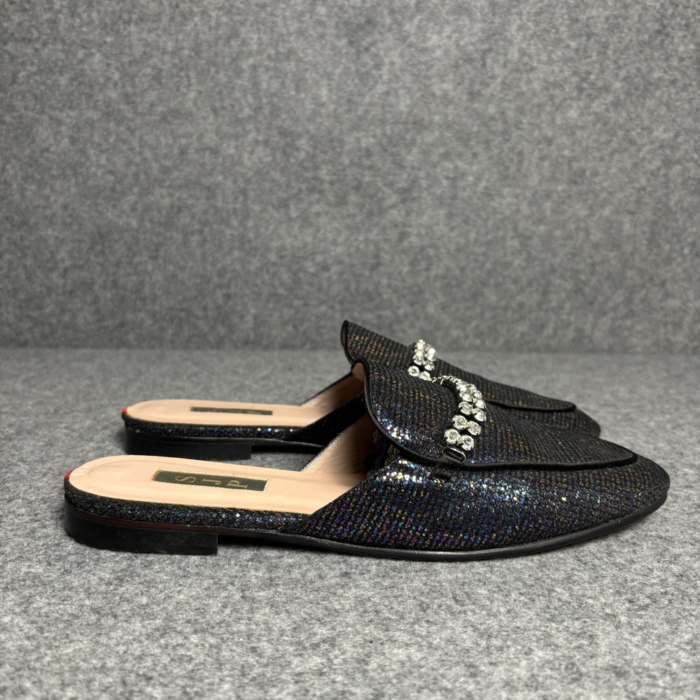 SJP Rhinestone Crystal Black Shimmer Mule Loafers Slip On Flats Shoes Womens‎ 40 - Picture 5 of 9